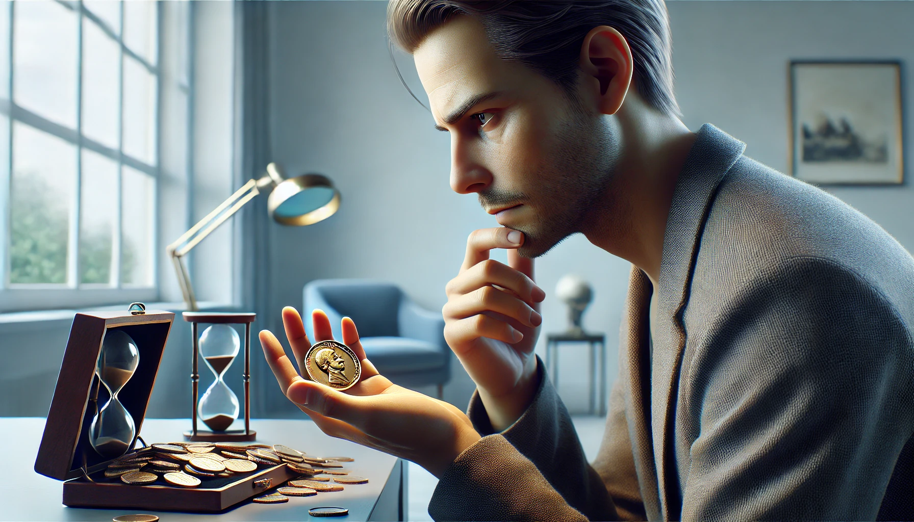 A man staring pensively at a coin in his palm, thinking on how to store it.
