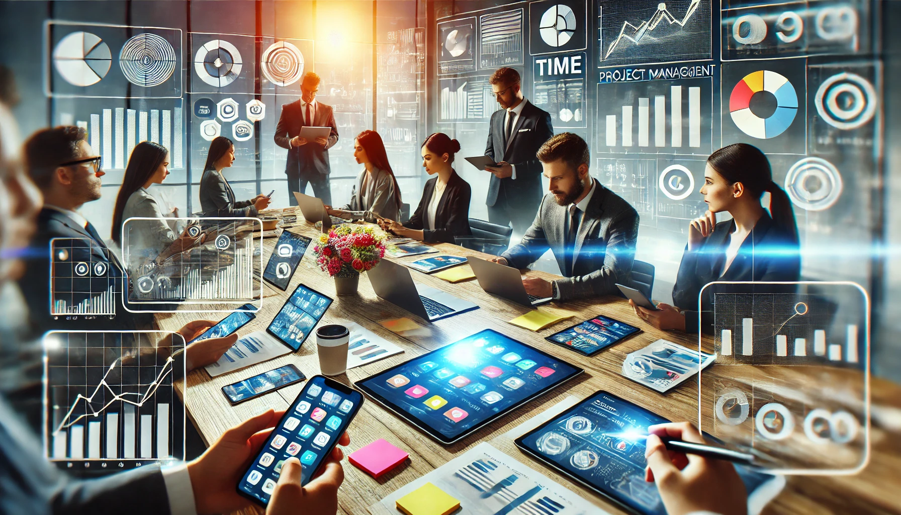 a collaborative workspace featuring multiple mobile devices displaying productivity apps such as note-taking, project management, and time tracking tools.