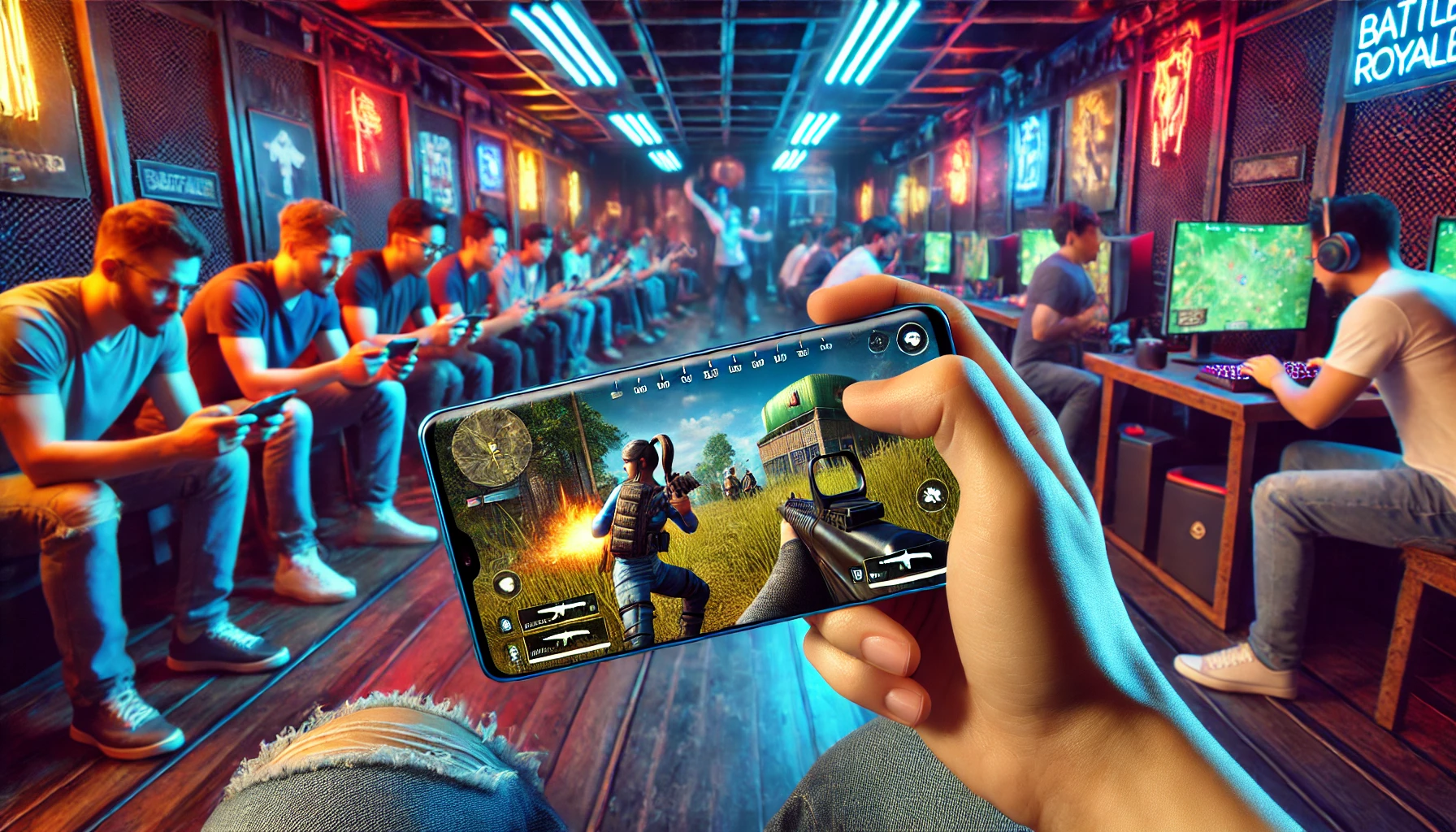 a smartphone displaying a battle royale game in vivid detail. The smartphone screen shows action-packed gameplay with players competing in a dynamic match.