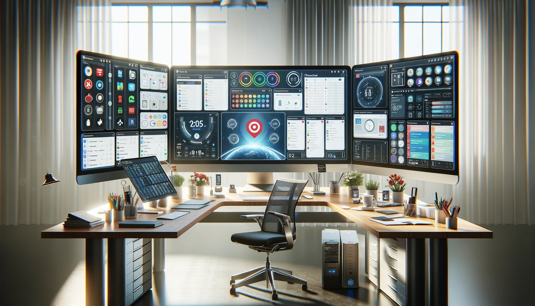 A digital workspace setup with multiple screens displaying various project management tools