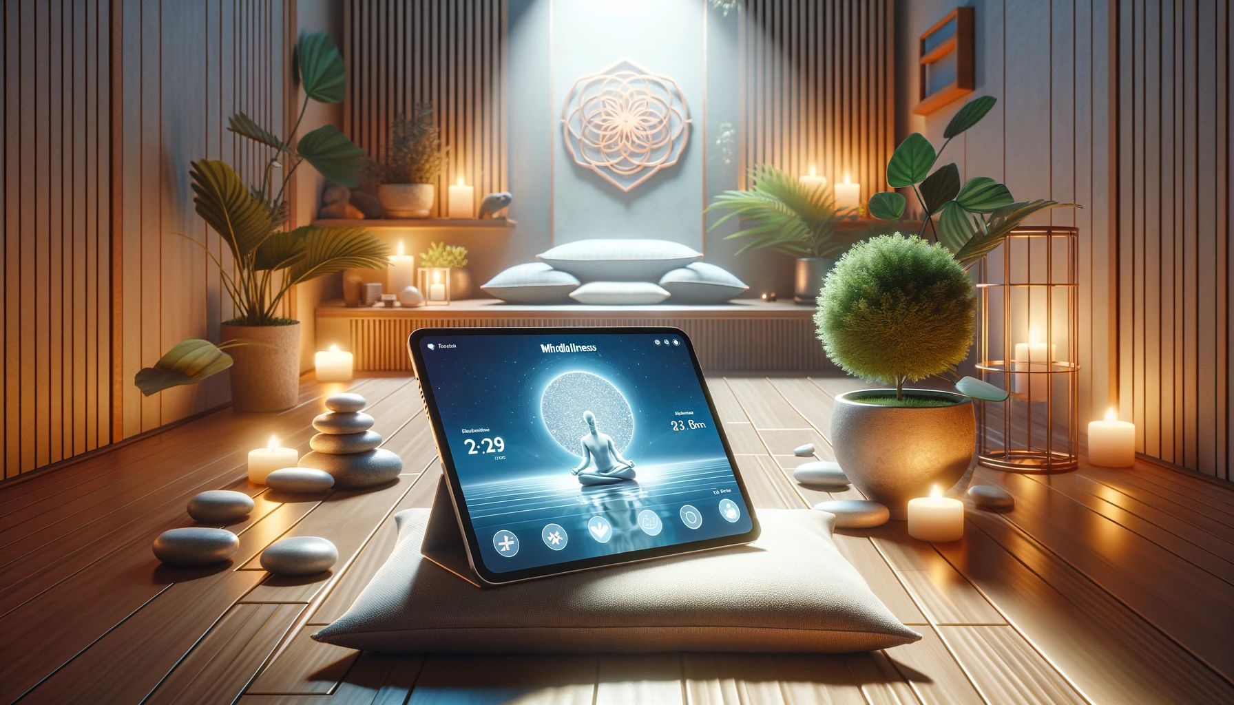 a peaceful meditation space with a digital tablet showing a mindfulness app interface.