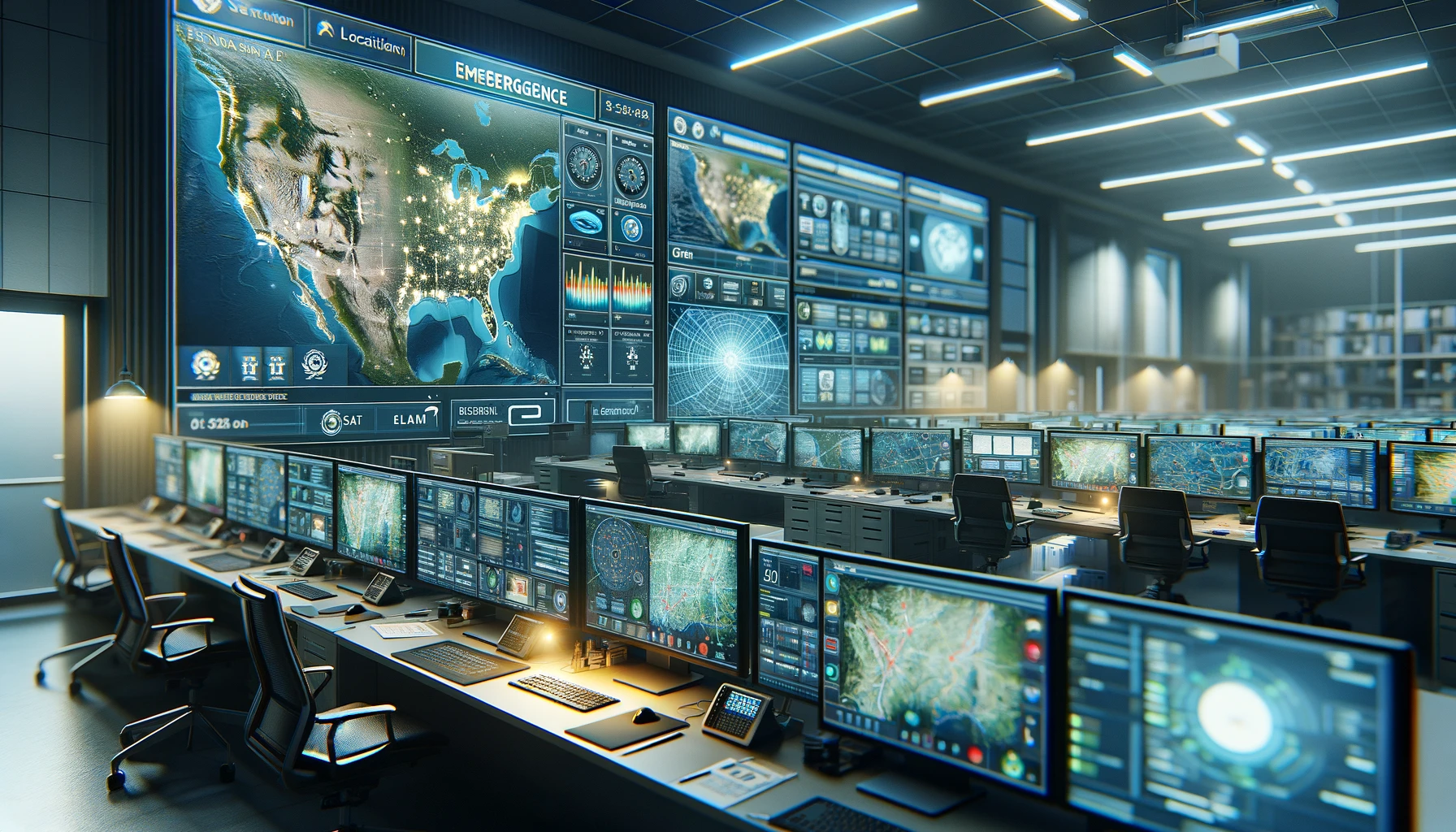 an emergency response center with multiple screens showing maps and location data.