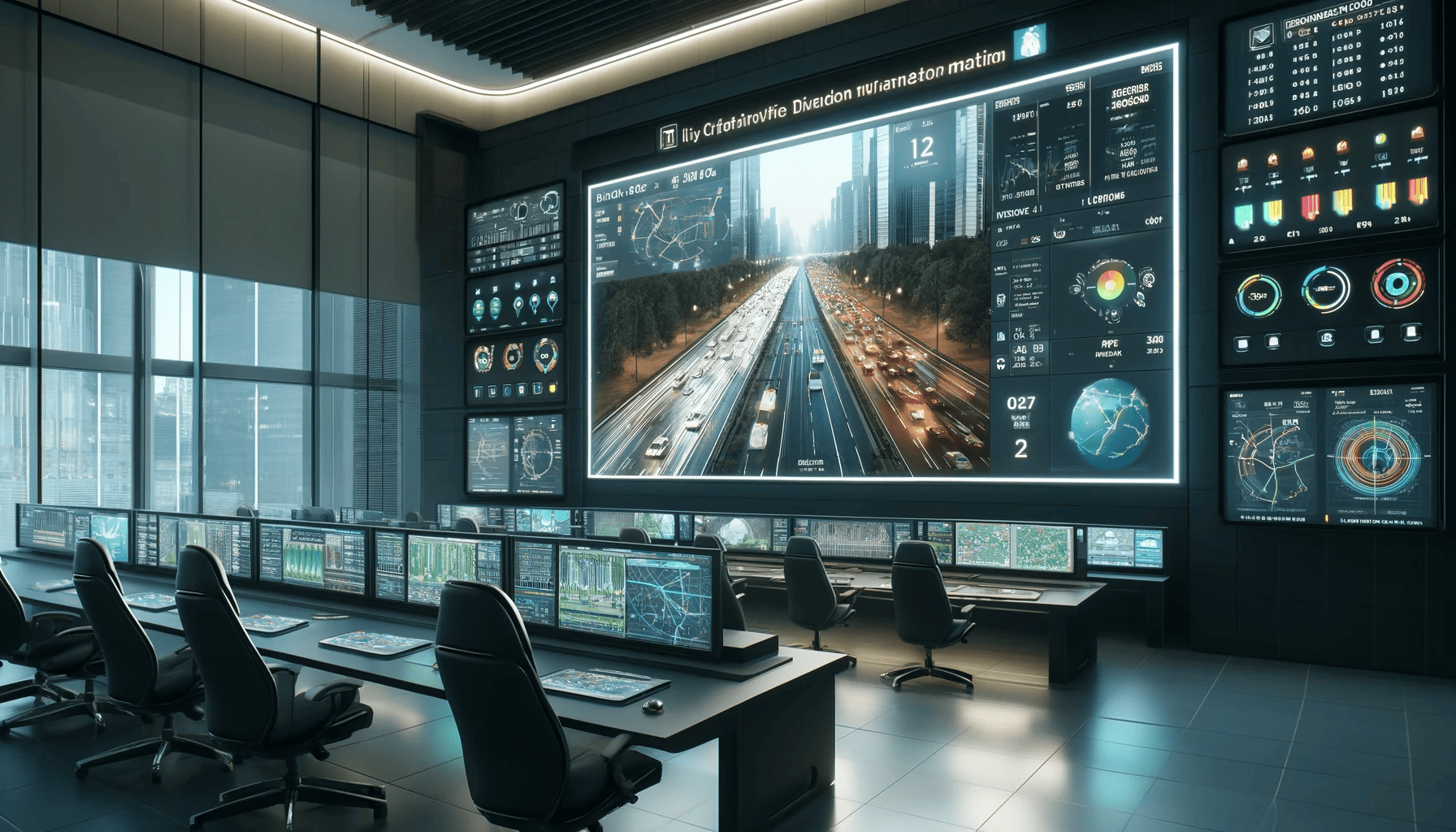a city traffic management center, showcasing a large dashboard with real-time traffic maps and data analytics.
