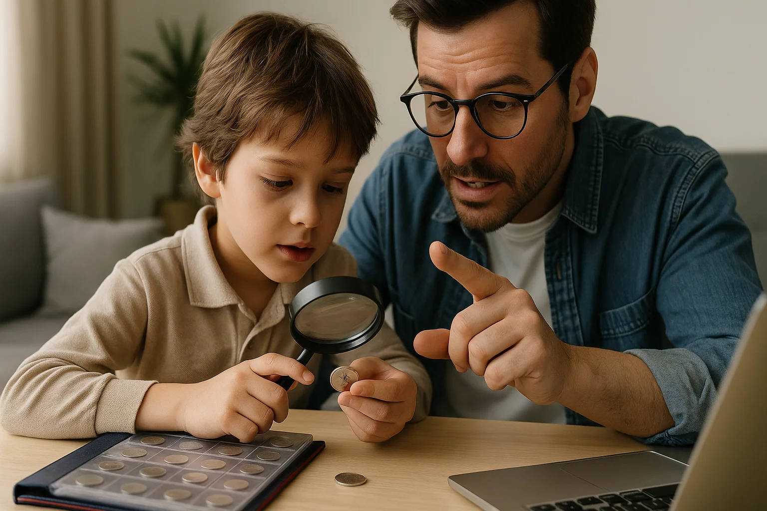 A father and child sit together at a table studying a Jovita Idar quarter under a magnifying glass, with a collector album and laptop in the background.