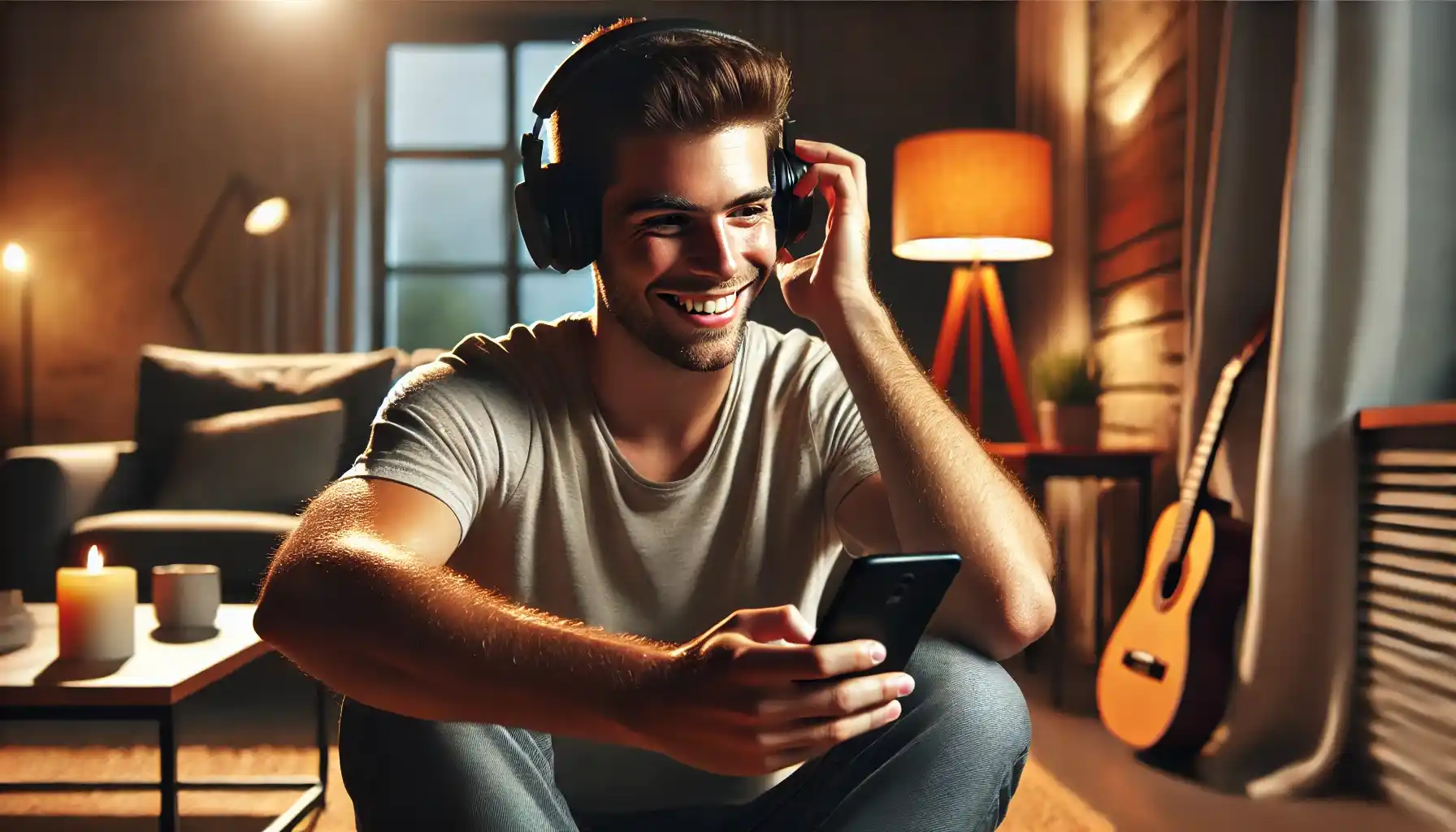 A happy young man is wearing headphones, enjoying entertainment apps on his smartphone.
