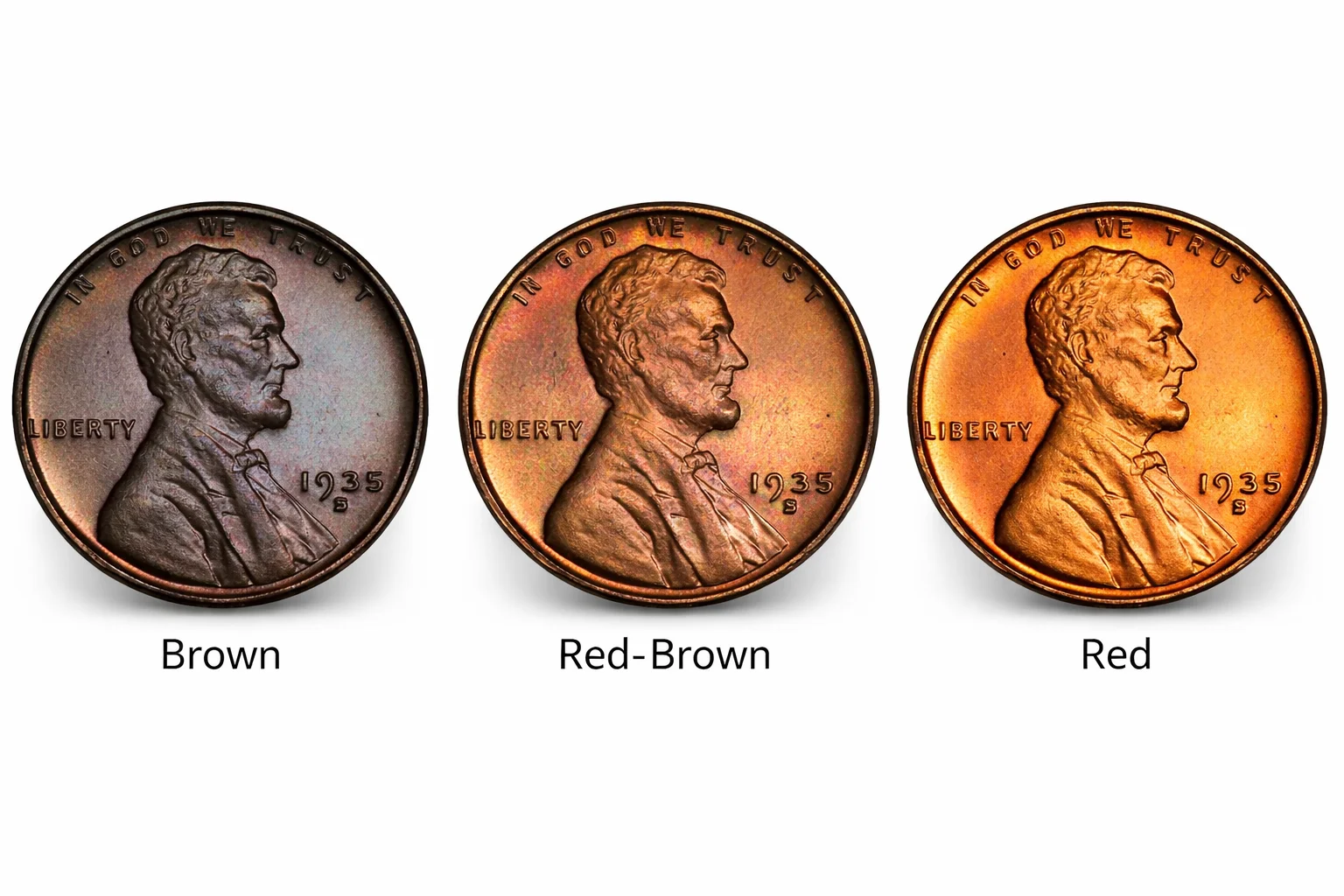 Three 1935 Lincoln Wheat cents in different colors in MS65.